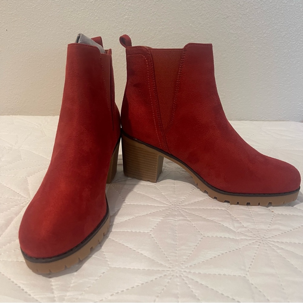 Red Orange Suede Ankle Boots - Picture 3 of 5